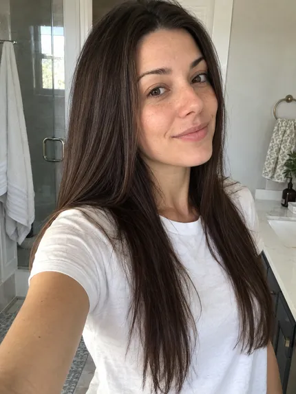 Woman with long, straight brunette hair in a bathroom
