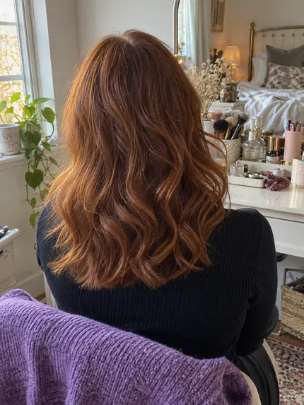 Rear view of shoulder-length auburn waves at a vanity