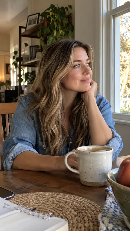 Woman with long dark blonde waves sitting by a window